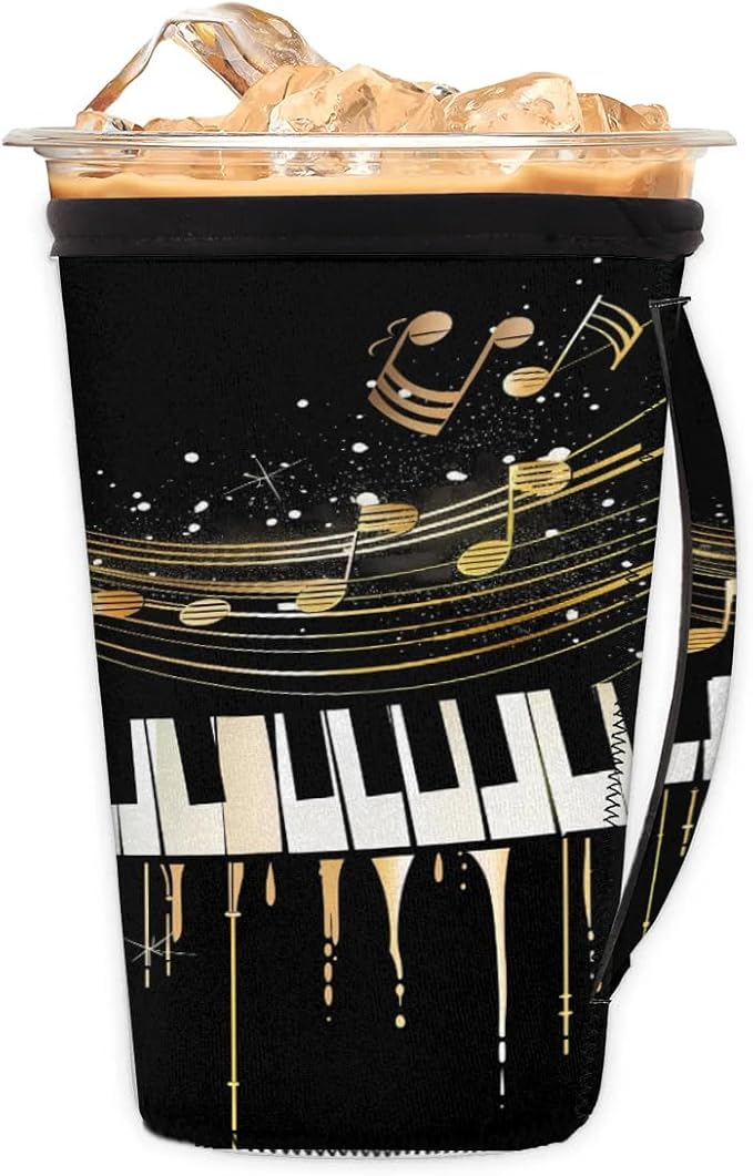 Reusable Iced Coffee Sleeve with Handle, Music Theme Neoprene Cup Sleeve Piano Keyboard Music Notes Insulator Cup Holder for Cold Drinks Beverages 30oz - 32oz