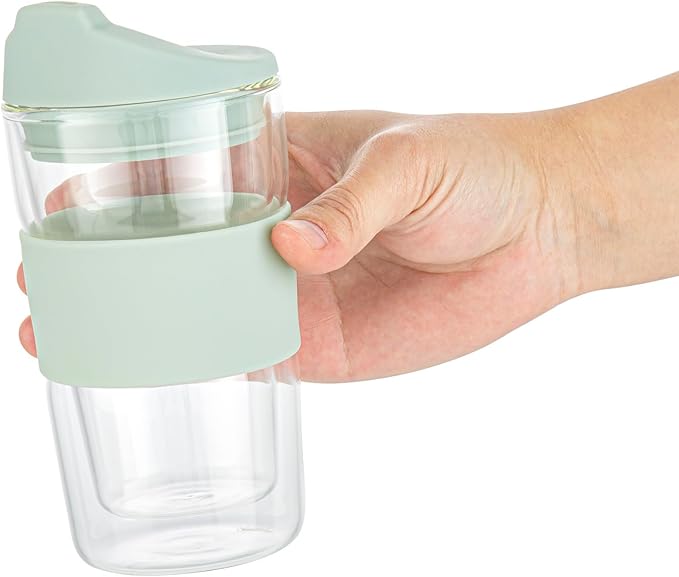 Restaurantware Glass Travel Mug 1 Count 12 Ounce Double Wall Borosilicate Reusable Coffee Cup, Spill-Resistant Mint Green Silicone Lid, Clear Drinkware Mug for Hot and Cold Beverages
