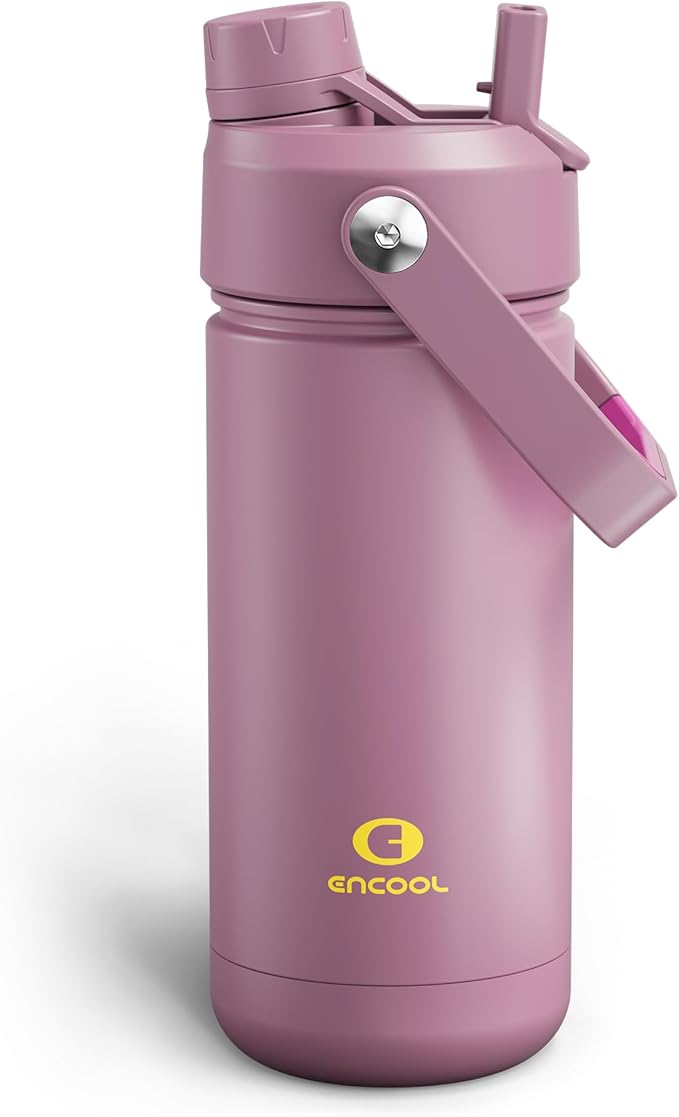 ENCOOL Insulated Water Bottle with Straw Stainless Steel Water Bottle, Leak-Proof, BPA-Free, Double Wall Vacuum Keeps Cold for 24 Hours for Sports, Travel, School (18 oz, Mountbatten Pink)