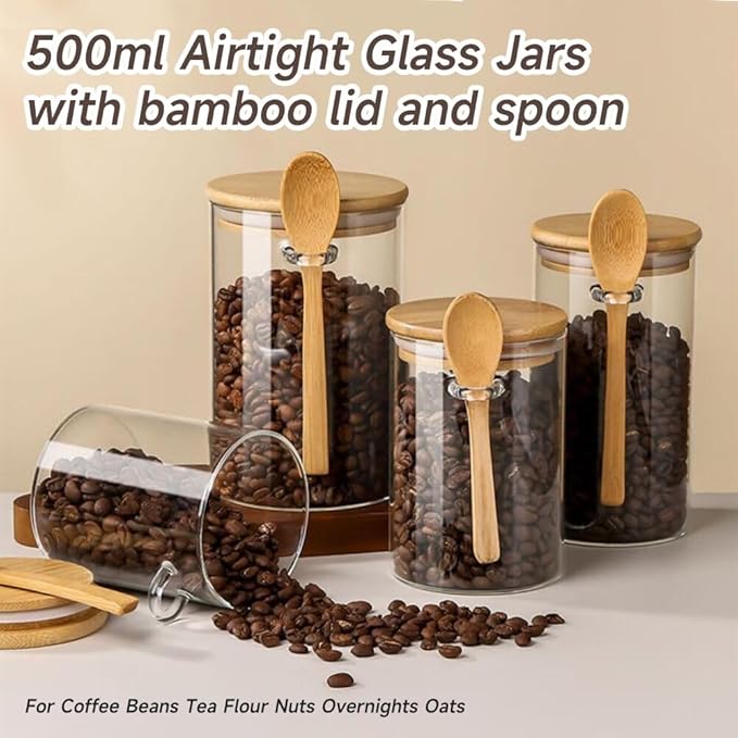 Airtight Food Storage Containers with Bamboo Lids and Spoon for Coffee Beans, Flour, Cookie, Sugar, Tea, Nuts and Spice Bath salt and more(4 Pack)