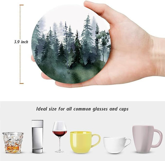 Drink Coasters for Drinks Set of 6, Watercolor Landscape Pine Forest Absorbent Round Ceramic Stone Mat Coaster, with Cork Base and Metal Holder, Home Bar Decor House Warming Gift