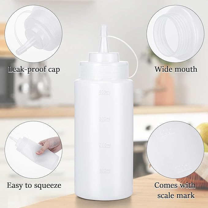 Katfort Condiment Squeeze Bottles Ketchup Dispenser, 6 Pack 16oz Squeeze Bottles for Liquids, Plastic Sauce Bottle with Cap Lid, Squirt Bottles for Sauces Liquids BBQ Dressing Pancake Art