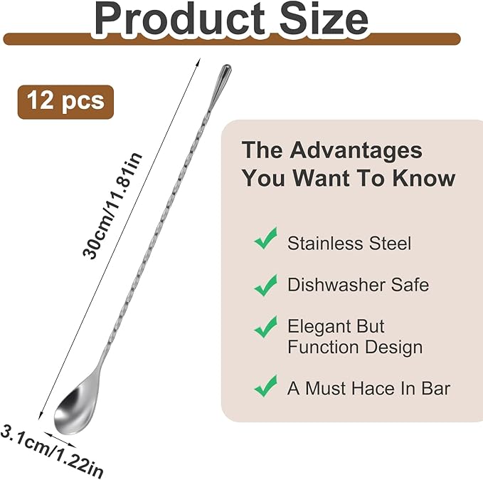 12 PCS Bar Spoon Cocktail Mixing Spoon, 12 Inch Stainless Steel Mixing Spoons with Spiral Handle for Bartenders, Coffee & Ice Cream, Easy to Clean & Great for Professional and Home Use