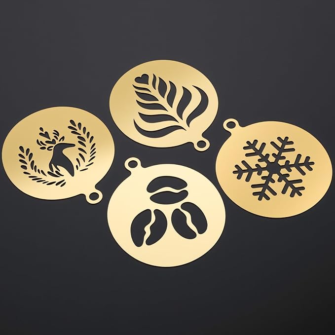 4 Pcs Coffee Stencils,Large Coffee Stencils Latte Art,Lattes Stencilss with Various Patterns for Cappuccino Chocolate Lattes Cake Decorating Coffees Shop and Home Use(Gold,4.53IN)