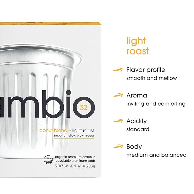 Cambio Roasters Organic Coffee Pods - Donut Blend Light Roast, The Only Organic Recyclable Aluminum Coffee Pods, Small Batch Roasted, Keurig Compatible, Balanced Flavor, Longer Lasting Freshness, 60 Count