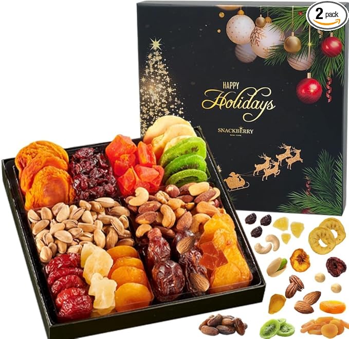 2-Pack Christmas Dried Fruit & Nuts Gift Basket Arrangement Platter, Gourmet Food Snack Box, Healthy Kosher (Style 1)