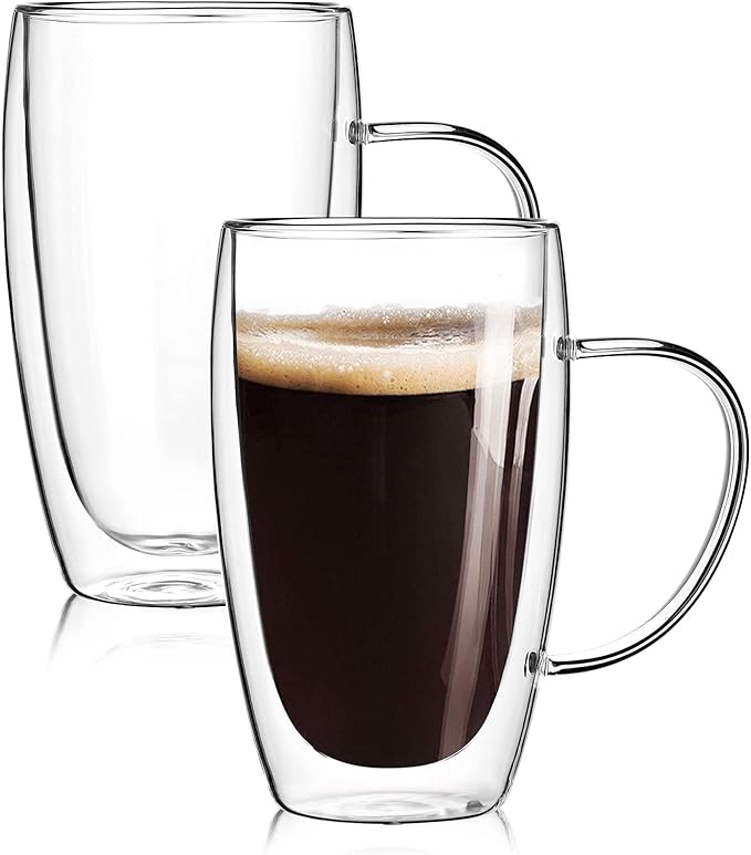 2-Pack 15 Oz Double Walled Glass Coffee Mugs with Handle,Large Insulated Layer Coffee Cups,Clear Borosilicate Mugs,Perfect for Cappuccino,Tea,Latte,Espresso,Hot Beverage,Wine,Microwave Safe