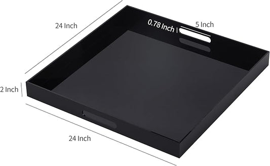 Clear Oversize Acrylic Serving Tray with Handles 24x24 Inch -Spill Proof- Decorative Trays Countertop Organizer for Ottoman,Nightstand, Sidetable, Butler (Glossy Black)