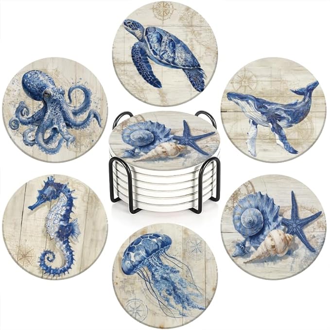 Drink Coasters Set of 6 with Holder Vintage Marine Style Wood Grain Nautical Coasters Cork Base Absorbent Ceramic Coasters,Ocean Themed Gifts,Suitable for Dining Tables & Coffee Tables