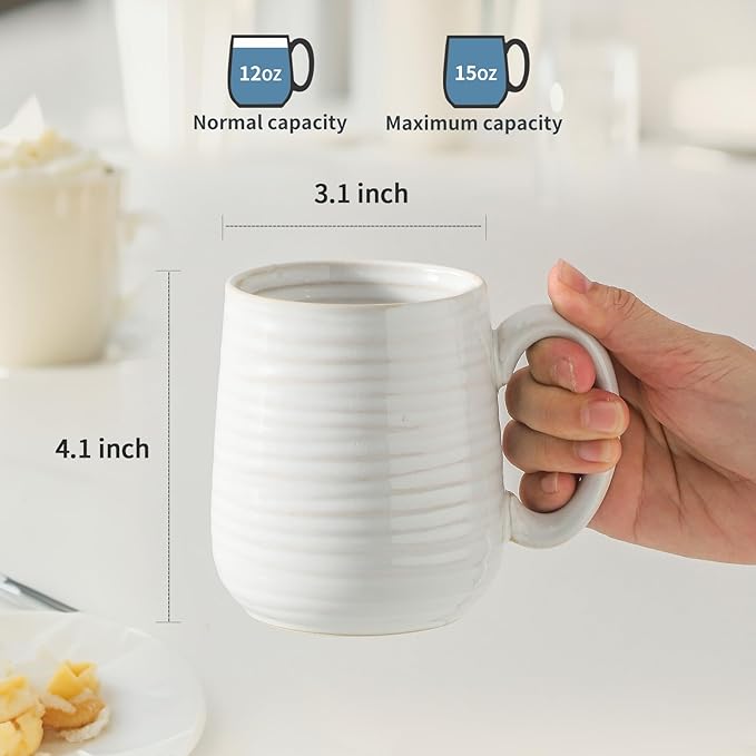 MEKY Coffee Mugs,15oz Ceramic Coffee Cups for Hot Tea, Cappuccino, Latte, Cocoa, Milk, Mug Set for Women and Men as Holiday Gifts, Dishwasher and Microwave Safe, Set for 4, Arctic White