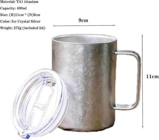 Pure Titanium Mug 400ml (13.5oz) with Leak-Proof Lid Double Wall Insulated Camping Cup Lightweight Travel Drinkware for Coffee, Hiking, Office, Easy Clean RT103T (Silver)