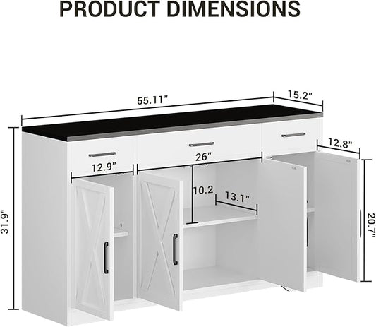 Farmhouse Modern Buffet Sideboard Cabinet with 3 Drawers, 55" Large Wood Kitchen Storage Coffee Bar Cabinet for Kitchen, Dining Room