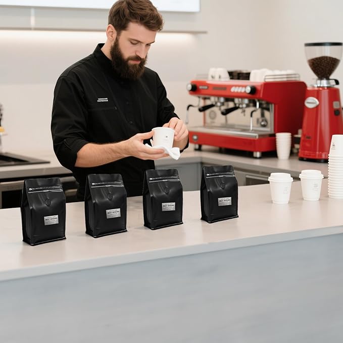 ZOOFOX 50 Pack Coffee Bags with Valve, 8 oz Matte Black Stand Up Coffee Beans Storage Bag, Heat Sealable Foil Pouch Bags for Packaging, Home or Store