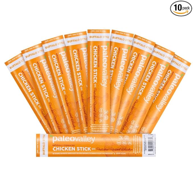 Paleovalley Pasture-Raised Chicken Sticks – 10 Pack – 7g Protein per Stick – Keto-Friendly, Paleo, Gluten-Free, Nitrate-Free – On-the-Go Snack (10 Pack, Buffalo)