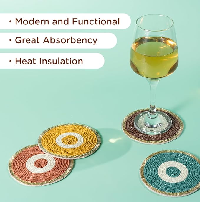 Folkulture Hand-Crafted Evil Eye Enchanment Beaded Coasters Set of 4 | Handmade Round Drink Coasters for Coffee Table & Bar | Boho Evil Eye Home Décor | Housewarming Gifts,Valentine Gift