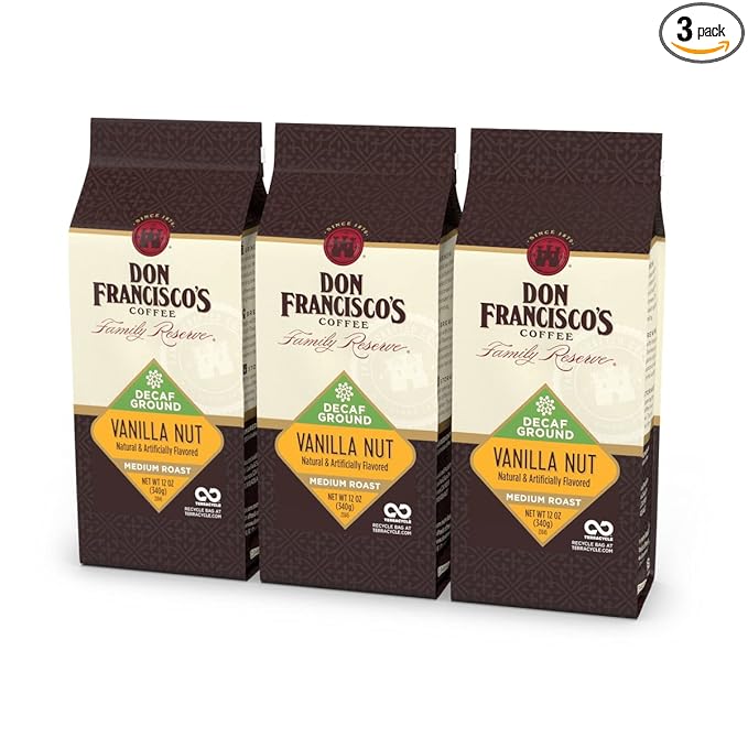 Don Francisco's Decaf Vanilla Nut Ground Coffee, Medium Roast – 100% Arabica, Flavored Coffee, 3-Pack of 12 oz Bags
