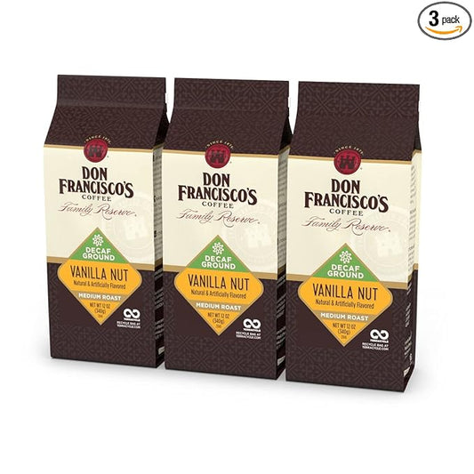 Don Francisco's Decaf Vanilla Nut Ground Coffee, Medium Roast – 100% Arabica, Flavored Coffee, 3-Pack of 12 oz Bags