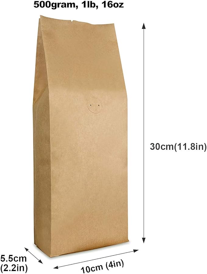 Kraft Paper Stand Up Coffee Bag/Side Gusset Pouch with Flat Bottom Coffee Beans Pouch with One Way Degassing Valve, 50 Pieces (Natural Kraft, 500g, 16oz, 1lb)