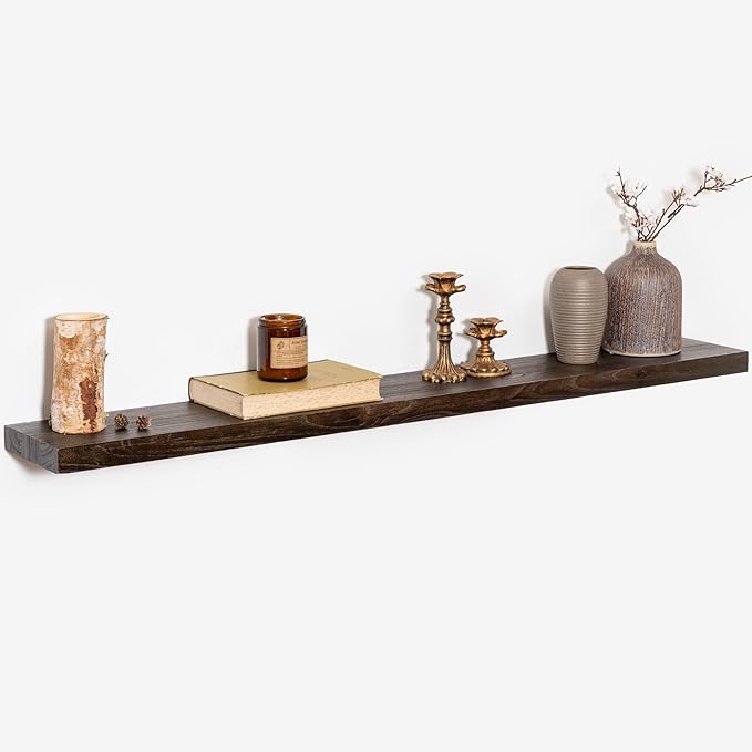 48 Inch Floating Shelves, Rustic Elm Wood Wall Shelves for Farmhouse, Bedroom, Kitchen, Wall-Mounted Long Floating Shelf Heavy-Duty Bracket, Solid Wood Shelf Set of 1 for Home Decor Display, Walnut