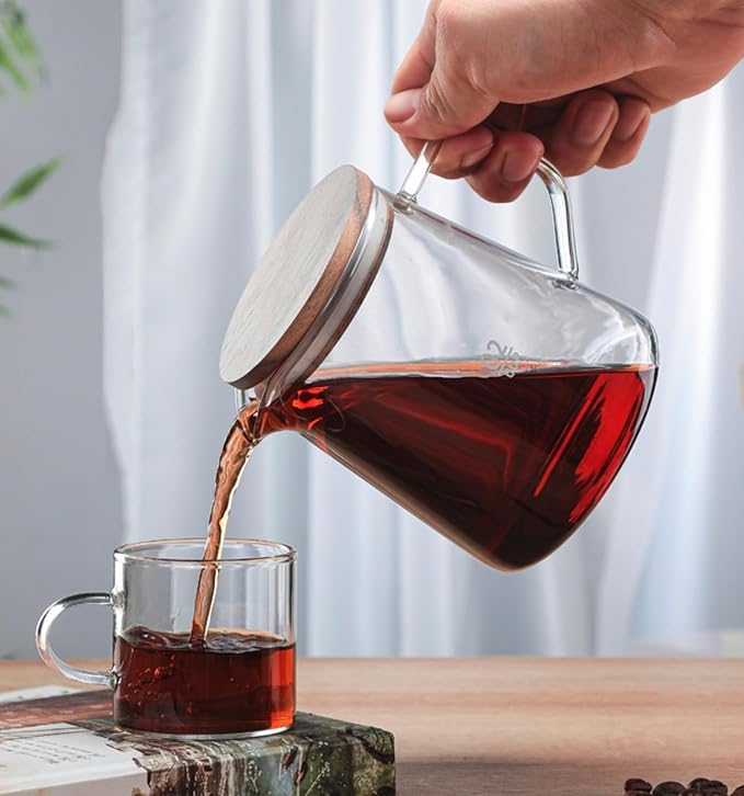 Elegant Clear Glass Creamer Coffee Milk Creamer Pitcher, Coffee Pot Serving Set with Handle and Wooden Lid-Smooth-20OZ-H