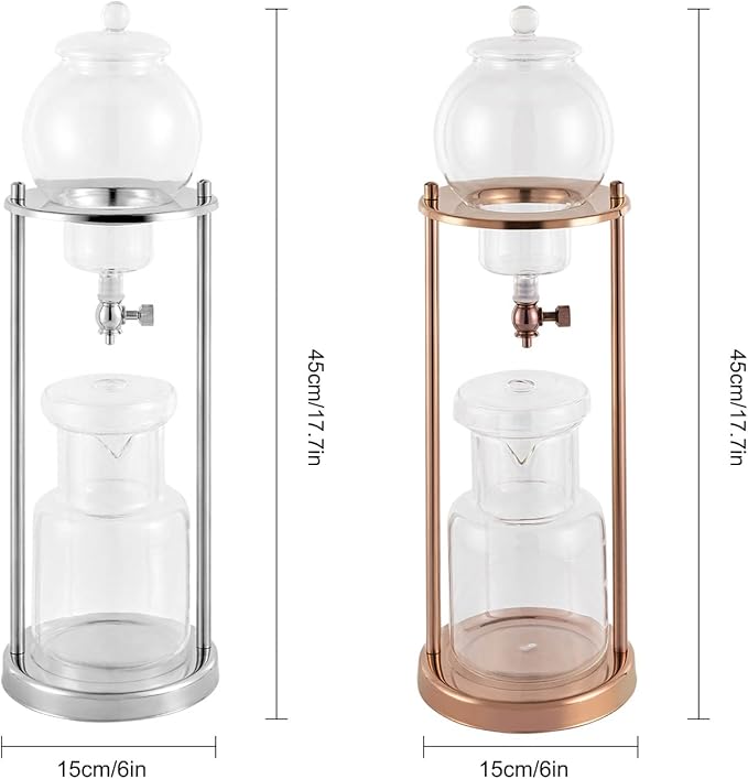 Iced Coffee Cold Brew Drip Tower Coffee Maker, Wooden Ice Coffee Machine, Stainless Steel and Borosilicate Glass, Long Neck Sharing Pot, with Measuring Spoon (Silver)