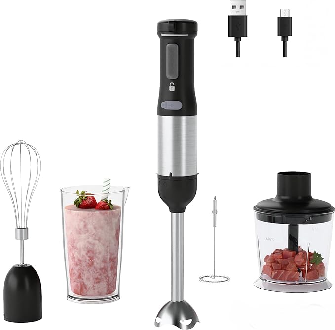 Cordless Immersion Hand Blender, 5-in-1 Variable Speed blender handheld,Rechargeable with 2000mAh Battery, BPA-Free & Dishwasher-Safe Accessories:700ml Beaker,Chopper,Whisk & Milk Frother,Black