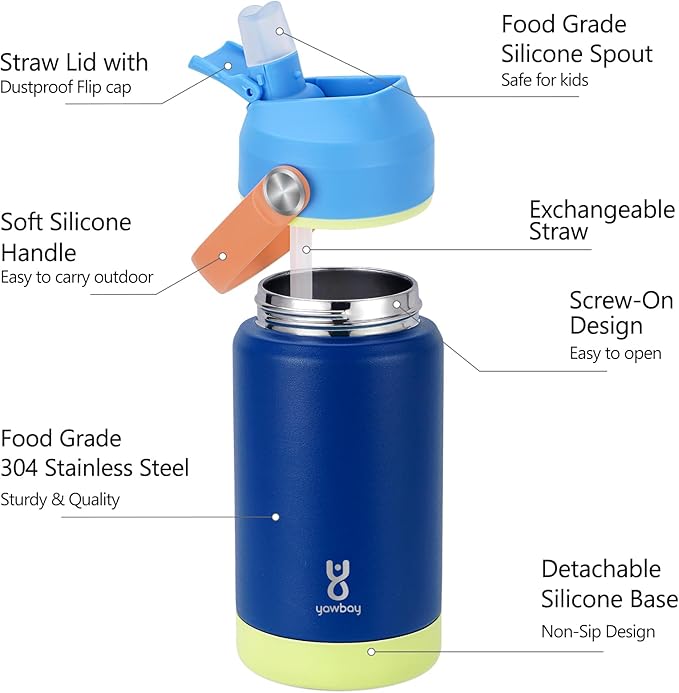 Kids Insulated Water Bottle with Straw Lid & Silicone Handle,12oz Kids Leak Proof Water Bottle for School Boys Girls,Double Wall Vacuum Stainless Steel with Non-slip Silicone Base(Dark Blue)