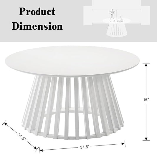 DUOMAY Modern Solid Wood Round Coffee Table with Geometric Base, Sturdy Wood Center Table for Living Room, Lounge, Office, White Color