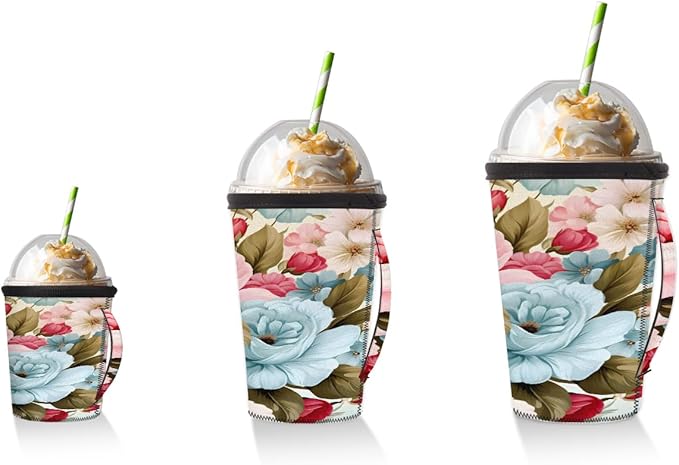 Reusable Iced Coffee Cup Sleeve Peony Neoprene Insulated Sleeves Cup Holder with handle Idea for 24oz - 28oz