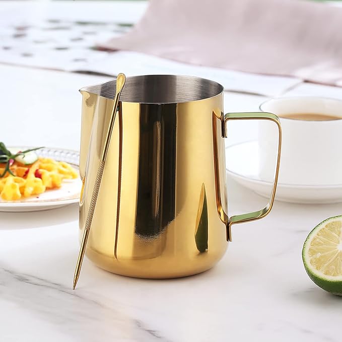Milk Frothing Pitcher 21oz - 620ml, Kyraton Stainless Steel Espresso Steaming Pitchers with Decorating Pen,Milk Coffee Frother Cups Cappuccino Latte Art Barista Steam Pitchers Milk Jug Cup (Gold)