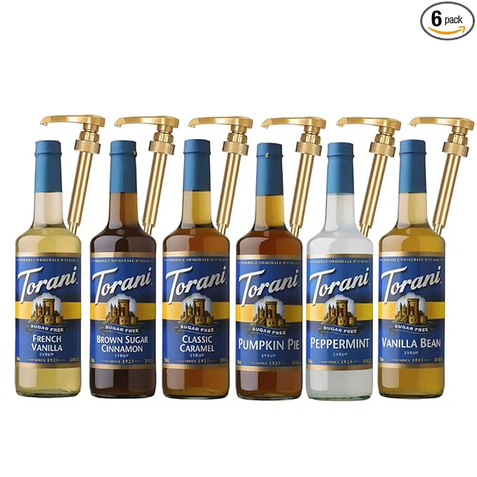 Jimoco Syrup Pump & Torani Syrup Bundle - Sugar Free Holiday Flavors, SF Pumpkin Pie, Brown Sugar Cinnamon, Peppermint, Vanilla Bean, French Vanilla, Caramel Classic - For Italian Soda Coffee, Lattes, Frappes With 6 Pump Dispensers