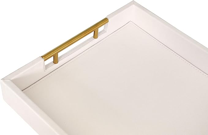 HofferRuffer Faux Leather Serving Tray with Gold Metal Handles, Stylish Decorative Tray Organizer for Coffee Table, Ottoman, Home Decor and Serving (CreamWhite, 16.2" x 12.2" x 2")