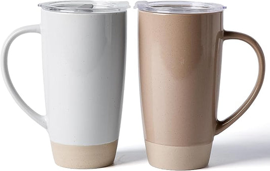 famiware Milkyway Coffee Mugs, 20oz Large Coffee Mug, Ceramic Mug Set of 2 with Lid, Cup Set with Handle for Latte, Tea, Cocoa, Milk, Home & Office, Cinnamon Brown and Light Gray