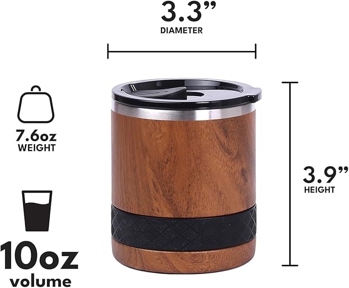 Elemental Recess Lowball Tumbler Set of 2, 10oz Triple Wall Stainless Steel Cup with Non-Shattered Tritan Lid, Insulated Whiskey Glass, Insulated Coffee Tumbler Mug for Hot & Cold Drinks - Teakwood
