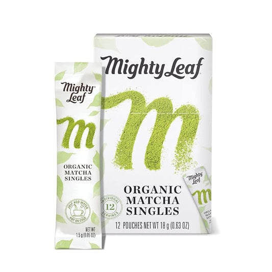 Mighty Leaf Tea, Organic Matcha Green Tea Singles - 1 Box of 12 Single Serve Packets, 100% Japanese Matcha, Unsweetened