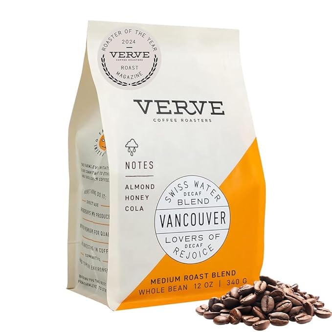 Verve Whole Bean Coffee | Vancouver Swiss Water | Decaf Coffee | Medium Roast | Espresso Coffee | Direct Trade | Resealable Pouch | Enjoy Hot or Cold Brew | 12oz Bag