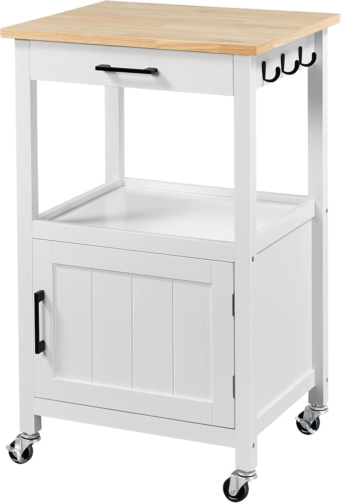 Yaheetech Kitchen Island Cart with Storage, Rolling Kitchen Island on Wheels with 6 Side Hooks, Wood Top Microwave Cart with Drawer for Dining Room, White