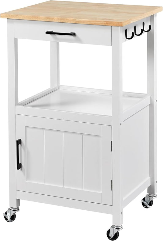 Yaheetech Kitchen Island Cart with Storage, Rolling Kitchen Island on Wheels with 6 Side Hooks, Wood Top Microwave Cart with Drawer for Dining Room, White