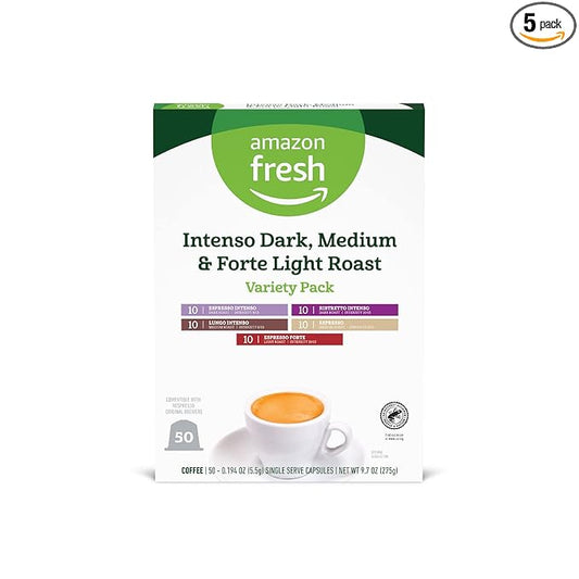 Amazon Fresh Intenso Dark, Medium & Forte Light Roast Aluminum Capsules, Variety Pack, Compatible with Nespresso Original Brewers, 50 Count (5 Packs of 10)