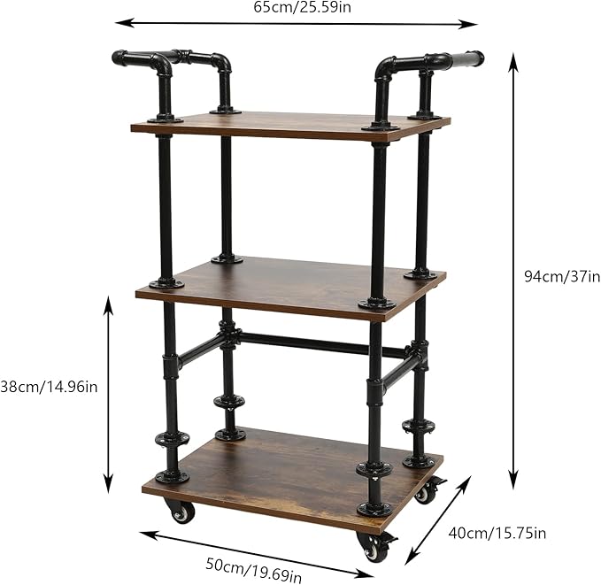 Industrial Bar Cart with Wheels, 3-Tier Rolling Kitchen Cart with Storage, Mobile Serving Cart for Wine Tea Liquor, Vintage Style for Home Bar Cafe