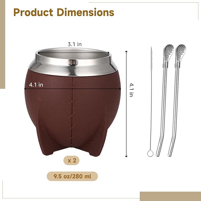 2PCS Yerba Mate Cup, 6 oz Stainless teel Mate Cup with Straw, Double Wall Vacuum Insulated Yerba Mate Gourd for Traditional Mate Tea Drinking (Brown-A)