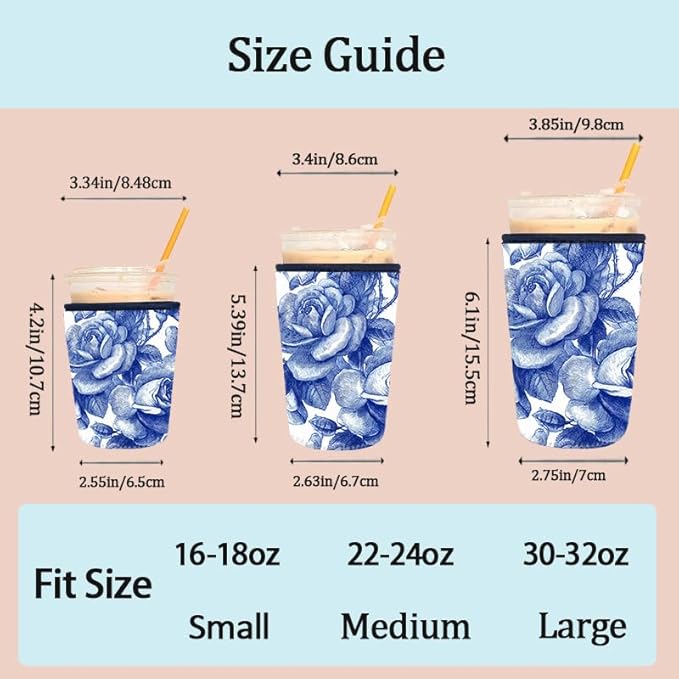 Blue Rose Floral Iced Coffee Sleeve Set chinoiserie blue blue floral coffee sleeve Set of 3 Fits 16oz 24oz 30oz Cups Vintage Botanical Pattern Insulated Coffee Sleeve for Women & Gifts
