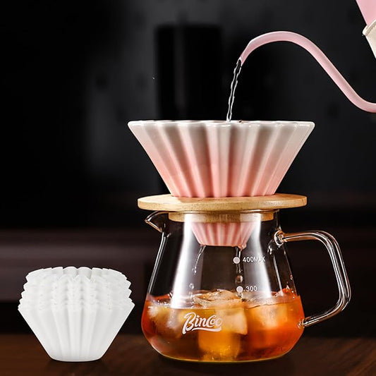 Bincoo 500ML Pour Over Coffee Maker Set with Filter Paper,Ceramic Coffee Dripper with Wood Stand Set for 1-2 Cups-Professional Brewing Tools for Pour Over & Drip for Home Office (Pink)