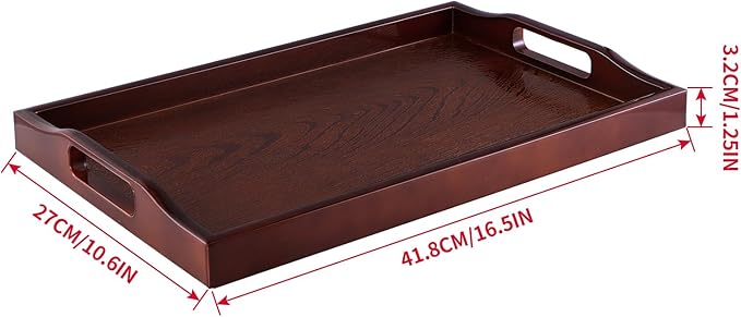 MDLUU Plastic Serving Tray, Ottoman Tray with Cutout Handles, Rectangle Butler Tray for Breakfast in Bed, Coffee Table Decor, Party (Red Brown)