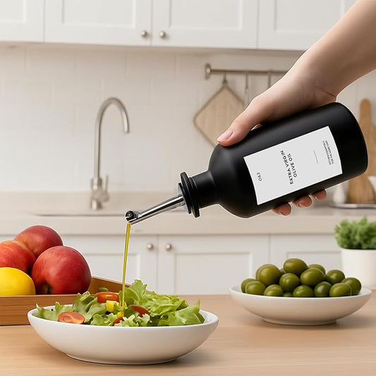 4PCS Olive Oil Dispenser Bottle For Kitchen, Soy Sauce Dispenser w. Labels, Glass Oil and Vinegar Dispenser Set, Coffee Syrup Dispenser，Cooking Oil Dispenser (Black,12OZ)