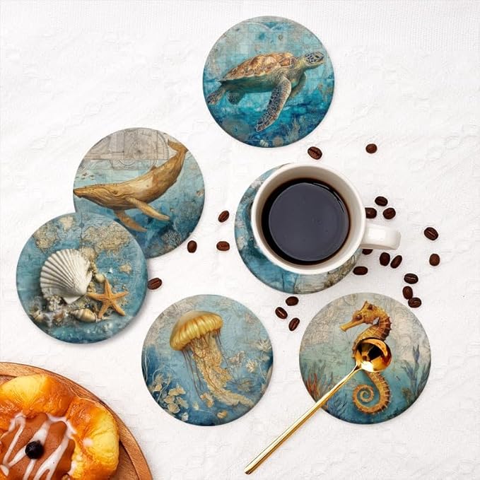 Absorbent Beach Coasters Set of 6 Retro Marine Creatures Coasters Cork Base Tabletop Protection,Home Coast Nautical Coasters for Bar Kitchen Decor Suitable for Wooden Table Coffee Tables,Desks