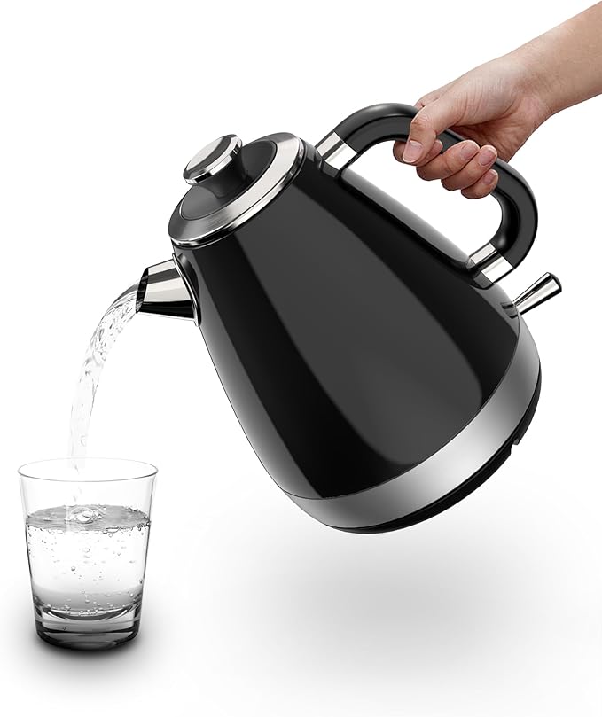 100% Stainless Steel Electric Kettle - No Plastic Contact with Water, 1.7L Retro Water Boiler with 304 Stainless Steel Inner Lid & Spout, 1200W Fast Boiling, BPA Free, Auto Shut-Off, Black