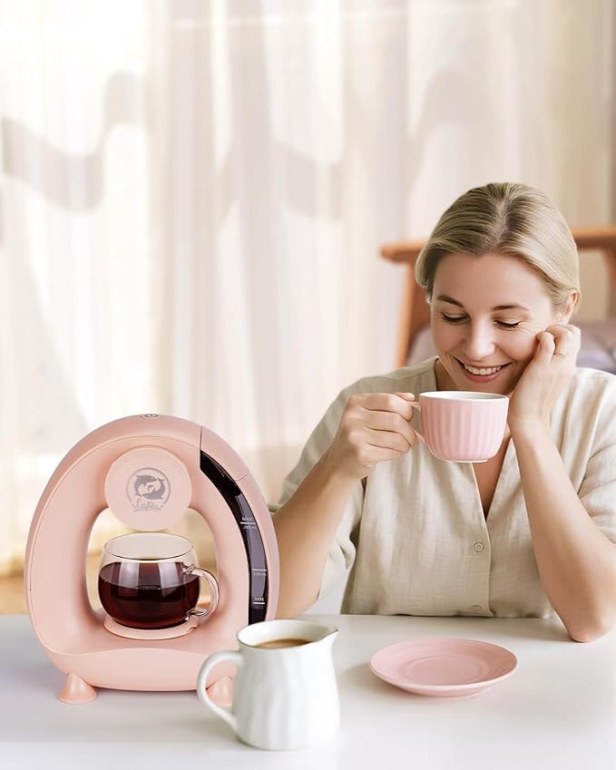 2-in-1 Coffee Maker, Fast Brew in 1.5mins, Single Serve Coffee Machine Compatible with K-Cup Pods & Ground Coffee, 1400W with 20s Preheat, Compact for Home,Small Place,Office & RV, 8oz,Pink