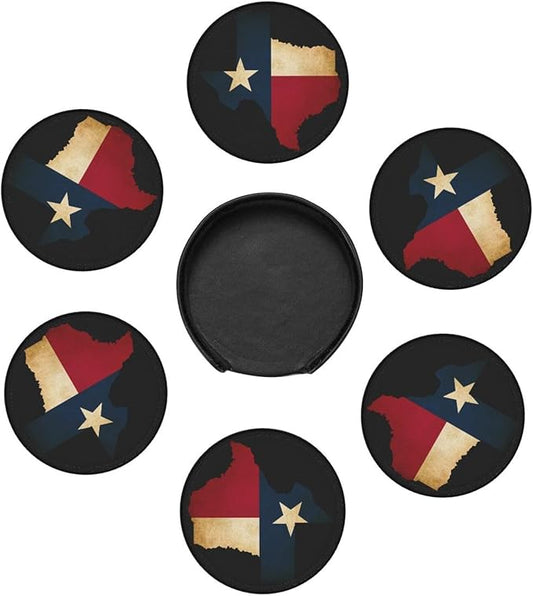 Texas Flag Coasters for Drinks with Holder Round Leather Coasters Set of 6 Cups Mugs Mat Pad for Home Kitchen Bar