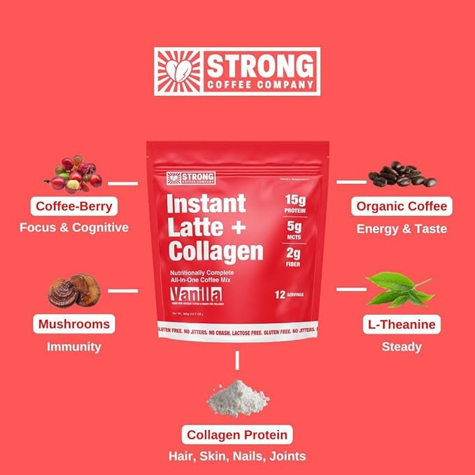 Strong Coffee Co. Vanilla Instant Latte Travel Pack | Organic Coffee with 15g Collagen Protein | Lion’s Mane & L-Theanine | Nootropic Instant Coffee | Instant Coffee Packets (7 Servings)